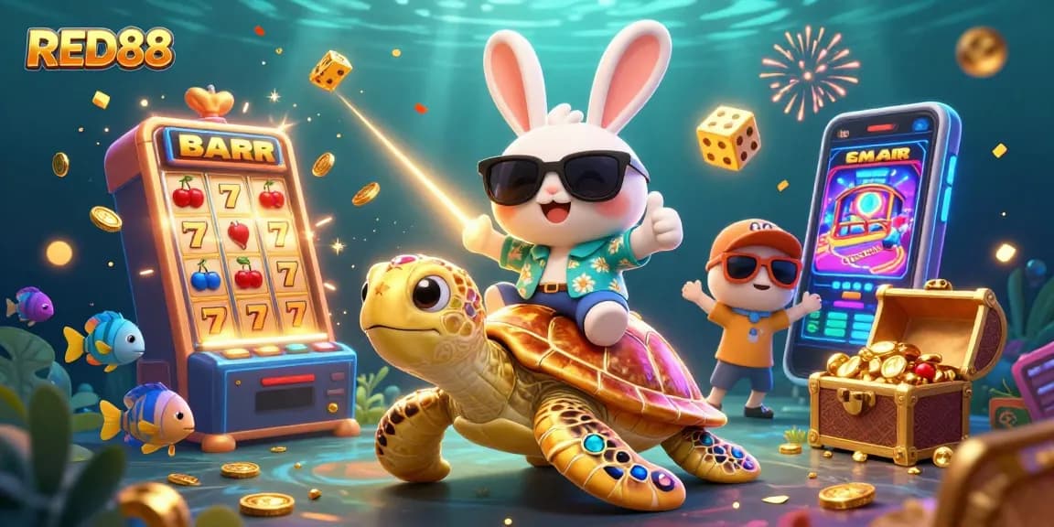 Join the excitement at RED88 with a lucky rabbit and golden turtle amidst a jackpot explosion!