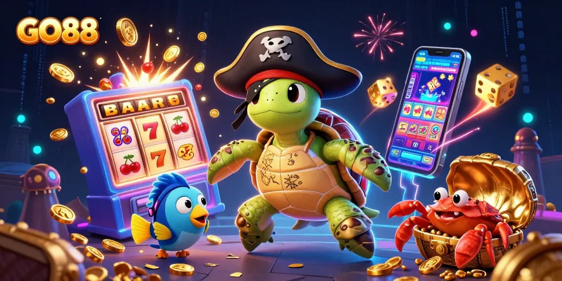 Engage with GO88's exhilarating gameplay where a pirate turtle and friends surround a jackpot slot machine explosion.