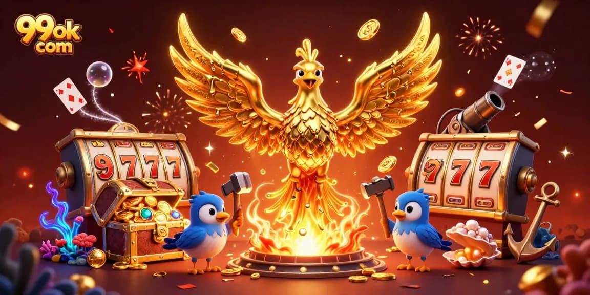 Engage in thrilling gameplay at 99ok com with golden phoenix, slot reels, and vibrant treasures.
