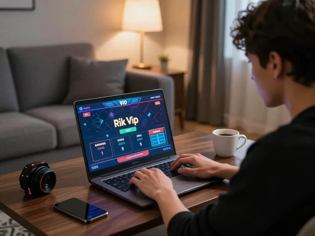 Engaged player strategizing on Rik vip online casino game at home.