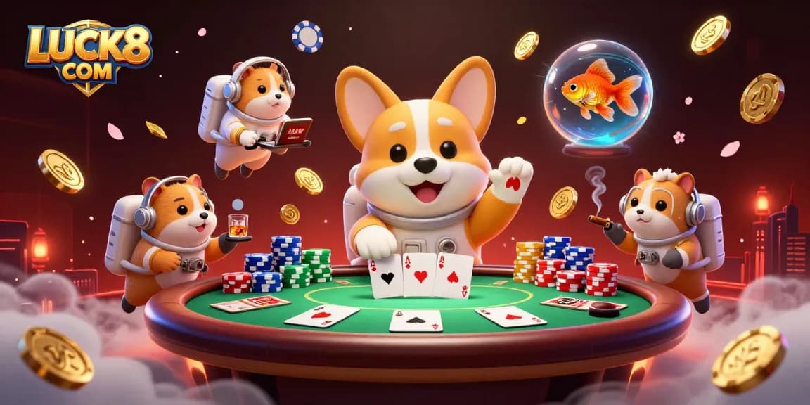 Engage with LUCK8 COM in this captivating casino illustration featuring a dog and hamster in space.