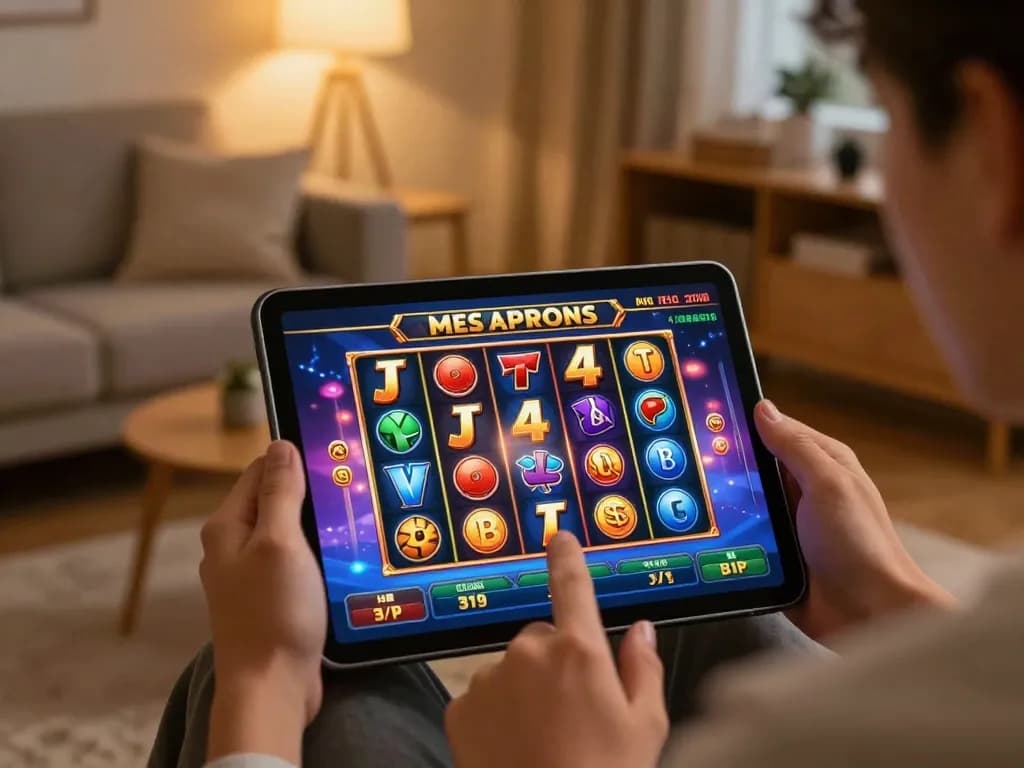 Engaging in a thrilling mega slot game on a tablet, showcasing colorful slot graphics.