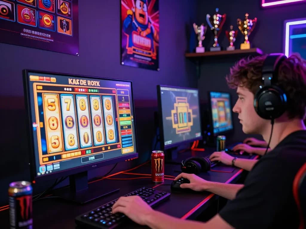 Engaging player focused on a thrilling toto slot game on a vibrant gaming setup.