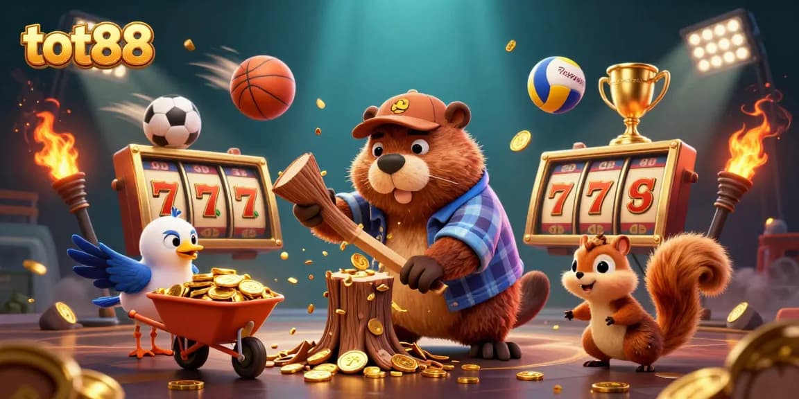 Experience slots action at tot88 with our cartoon beaver harvesting golden coins amidst vibrant casino elements.