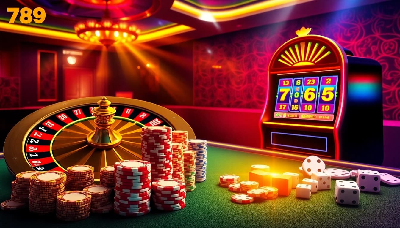 Exciting online gambling scene at 789bet com featuring poker chips and a roulette wheel.