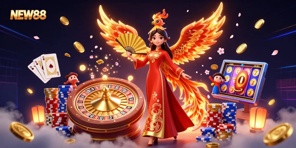 Engage with NEW88’s vibrant gaming world featuring dynamic characters and casino elements.