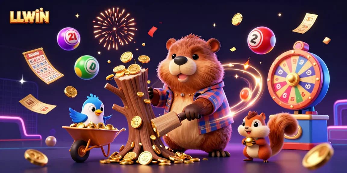 LLWIN showcases a vibrant scene of a lumberjack beaver collecting coins in a lively casino atmosphere.