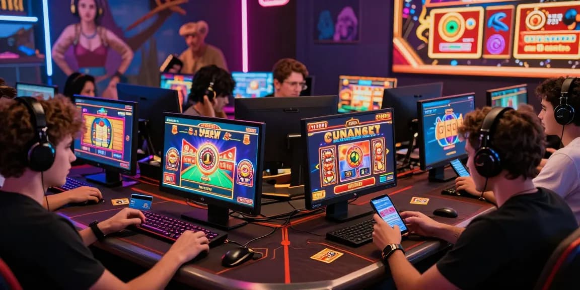 Players enjoying exciting games at online casinos that accept credit cards in a vibrant gaming hub.