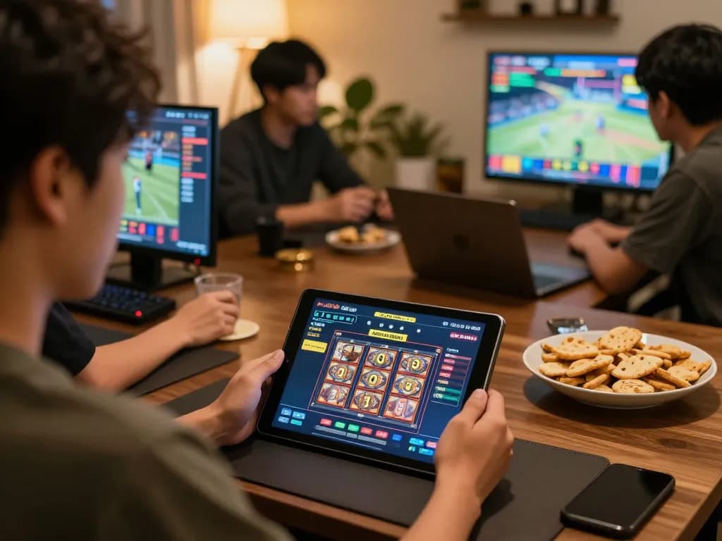 Aku Demo PG Soft gameplay slot ditampilkan di tablet dalam pengaturan permainan rumah yang nyaman