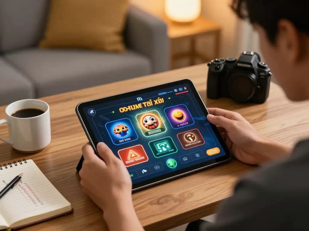 Tài xỉu online gaming on tablet with strategic notes in a cozy home setting