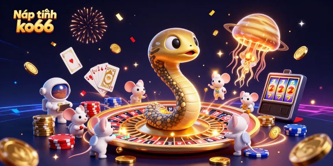 Nạp tiền ko66 and place bets in a vibrant cosmic casino with a Saturn ring snake dealer scene.