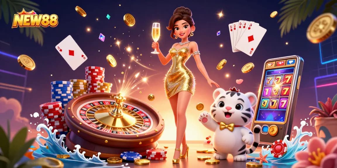 Experience the thrill of NEW88 with a glamorous scene featuring captivating characters, vibrant games, and enticing casino elements.