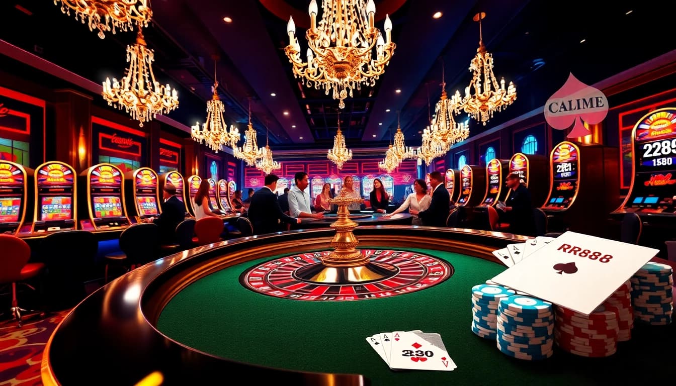 Players strategizing at a luxurious RR88 casino table surrounded by vibrant slot machines.