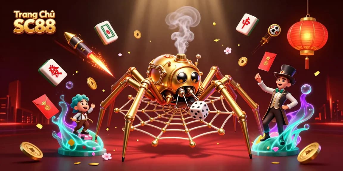 Experience the excitement of Trang Chủ SC88 with a steampunk spider illustration showcasing intricate web designs and vibrant gaming elements.