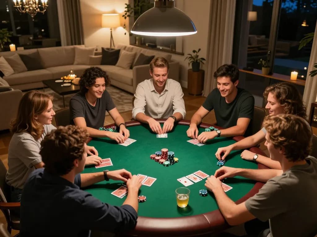 Friends enjoying a poker night in a cozy home setting, highlighting casinos not on gamstop and social gaming dynamics.