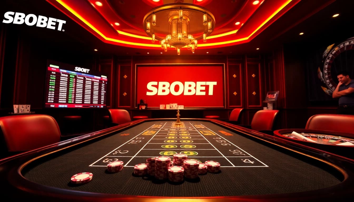 SBOBET online betting scene showcasing high-stakes poker with vibrant chips and dynamic lighting.