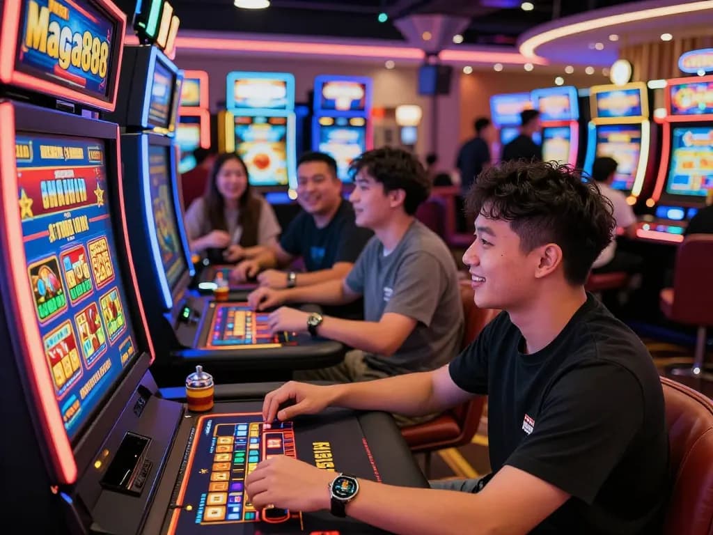 Player enjoying free credit Mega888 at a vibrant online casino surrounded by dynamic gaming activities.