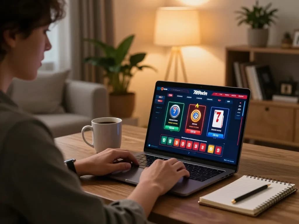Playing poker on 789win com in a cozy home setting, showcasing strategy notes and warm lighting.