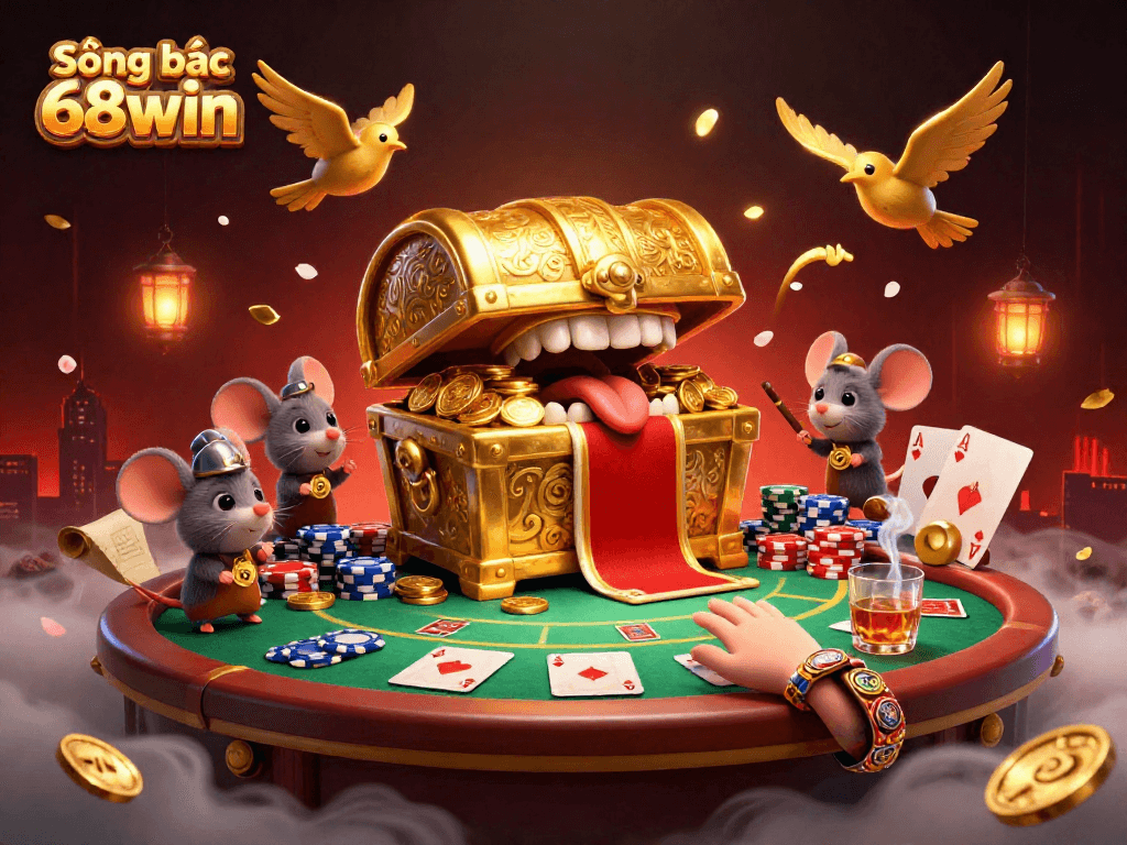 Sòng bạc 68win showcases an adventurous scene with a treasure chest and poker elements for players.