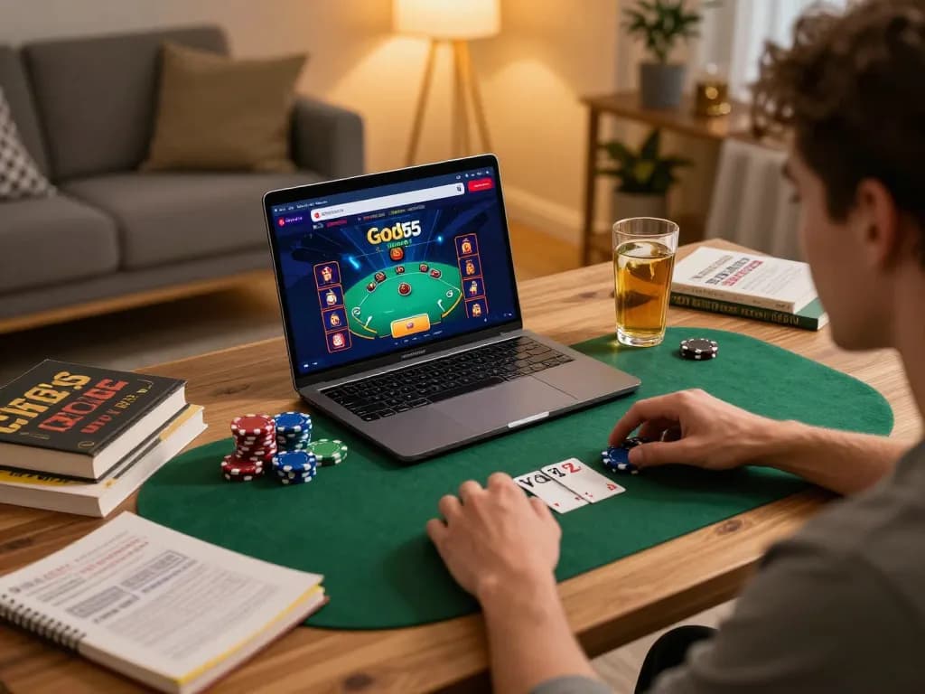 Engaging player using God55 casino on a laptop at home, showcasing online gaming excitement.