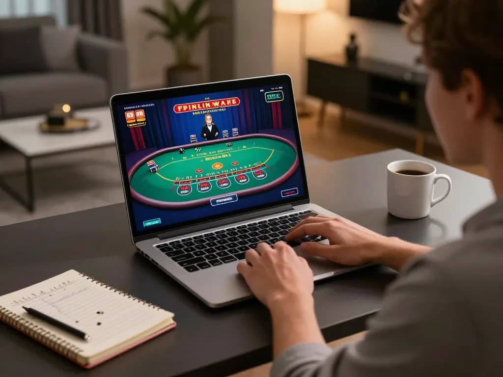 Enjoying online gambling responsibly: a user at home experiencing Miễn trách nhiệm on a laptop