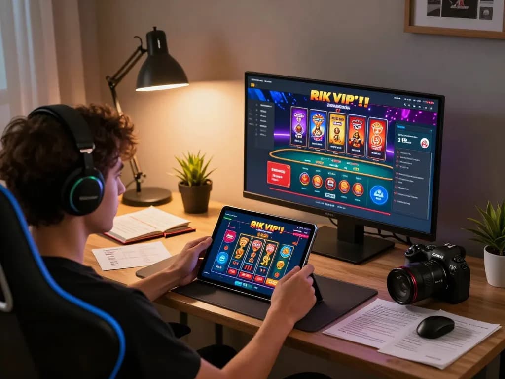 Engaging with Rik vip's mobile casino app on a stylish home gaming setup.