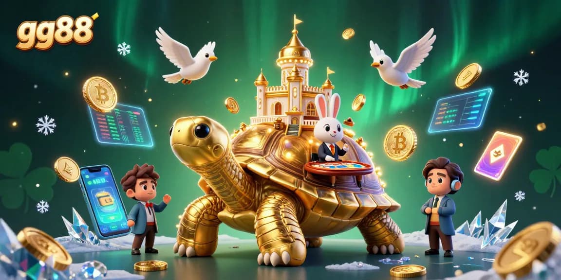 Experience thrilling gaming with gg88 at a vibrant 3D casino scene featuring a golden tortoise and a rabbit dealer.