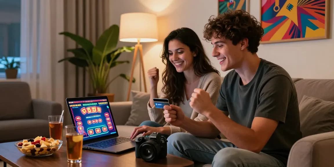 Couple enjoying gaming at credit card online casinos in a cozy living room.