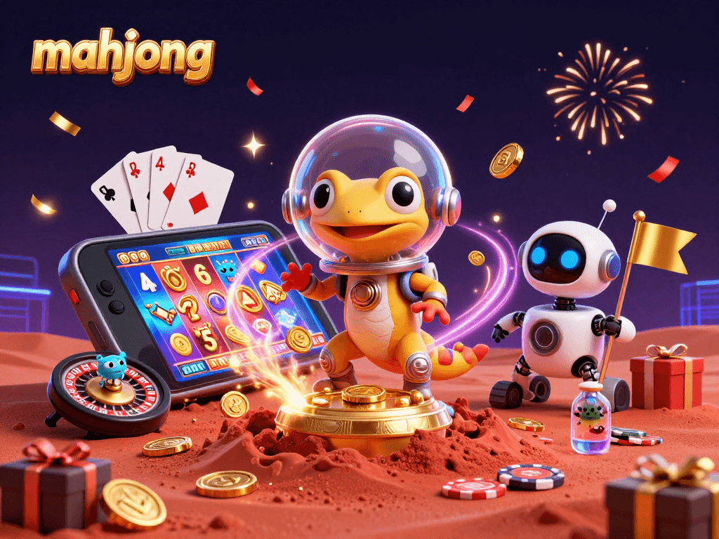 Engage in mahjong fun with 3D Martian characters and casino excitement in this vibrant illustration.