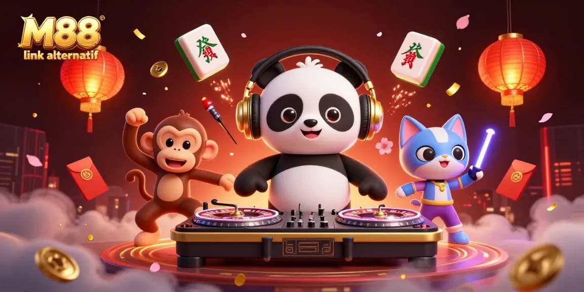 Experience the thrill of M88 link alternatif with a vibrant 3D casino scene featuring dynamic characters and festive elements.
