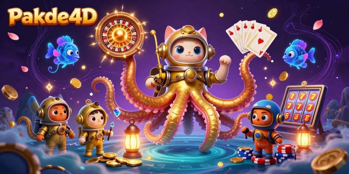 Pakde4D players experience excitement with a diving cat, kraken, and vibrant casino elements.