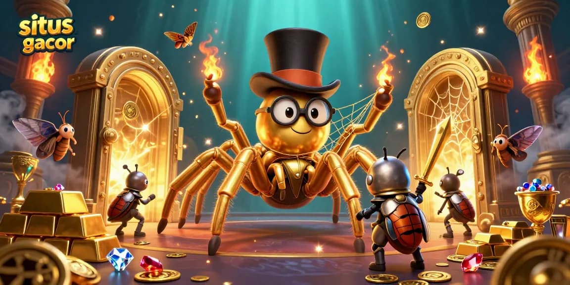 Situs slot gacor menampilkan tarantula emas raksasa dan kesatria beetle di dunia kasino yang berkilau.