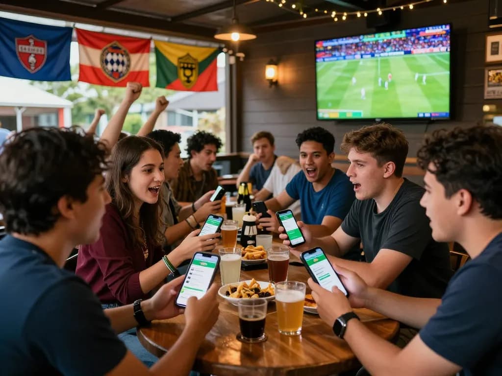Teman-teman yang bersemangat menggunakan platform agen judi bola untuk taruhan langsung di bar olahraga