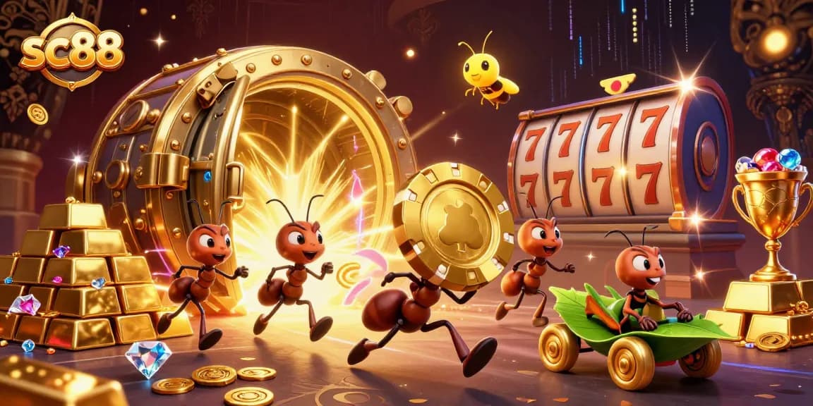 sc88 showcases playful 3D ants heisting a giant golden poker chip under a glowing vault.