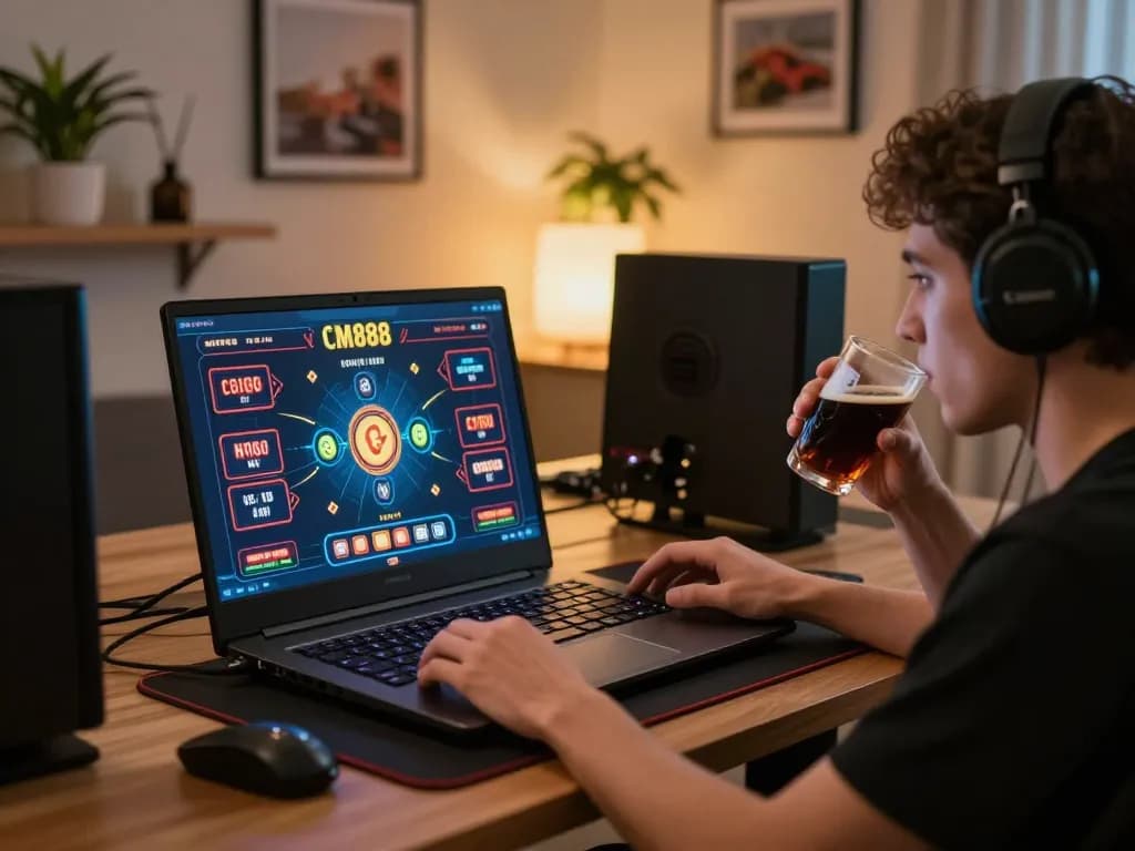 Player engaging with CM888 online casino, analyzing betting options on a laptop in a warm, inviting gaming setup.