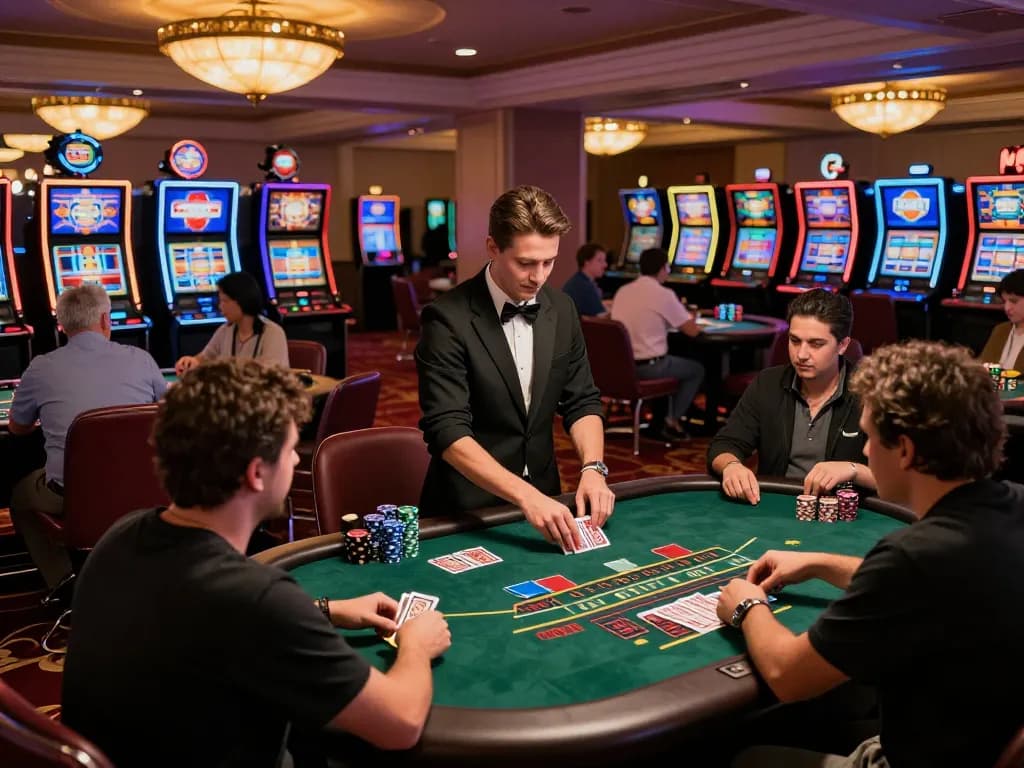 Engaged players strategizing at FIVE 88 blackjack tables in a lively casino atmosphere