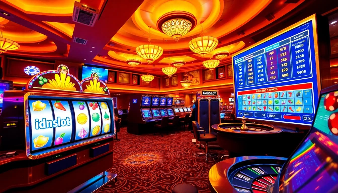 Experience thrilling gameplay at idnslot with vibrant slot machines and casino elements.