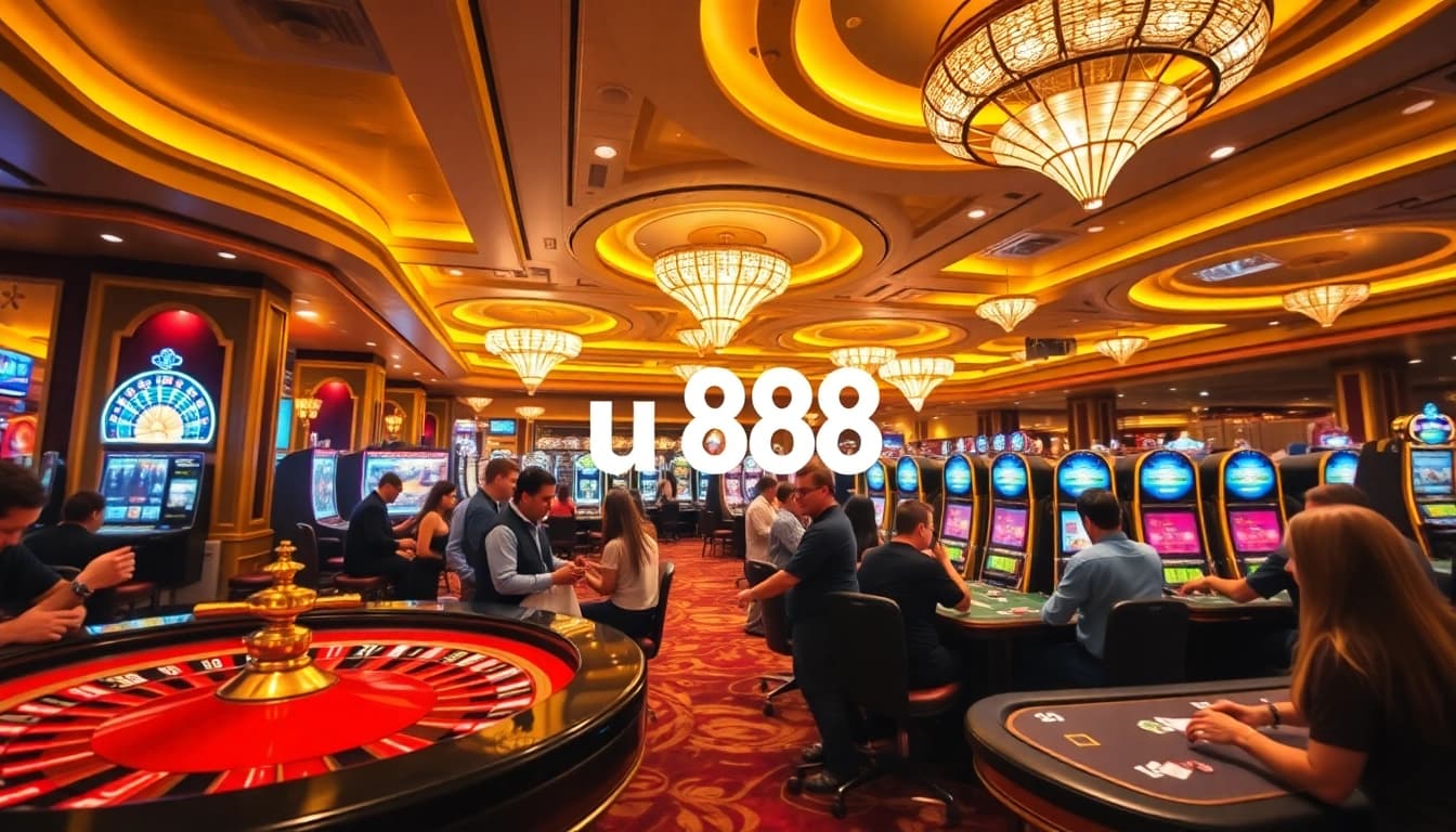 Players enjoying a thrilling casino experience at u 888 with poker tables and slot machines.
