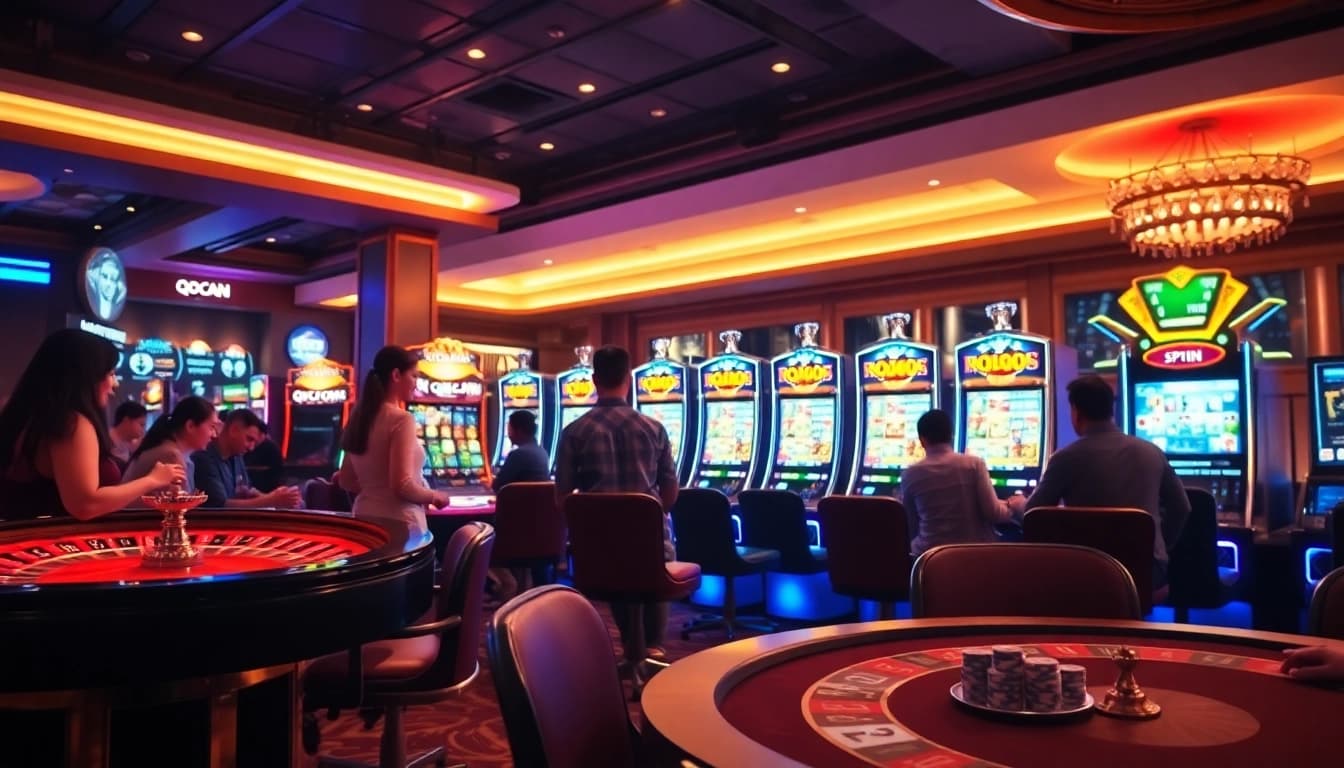 Experience the excitement of qqmacan with players at vibrant slot machines and roulette in a luxury casino.