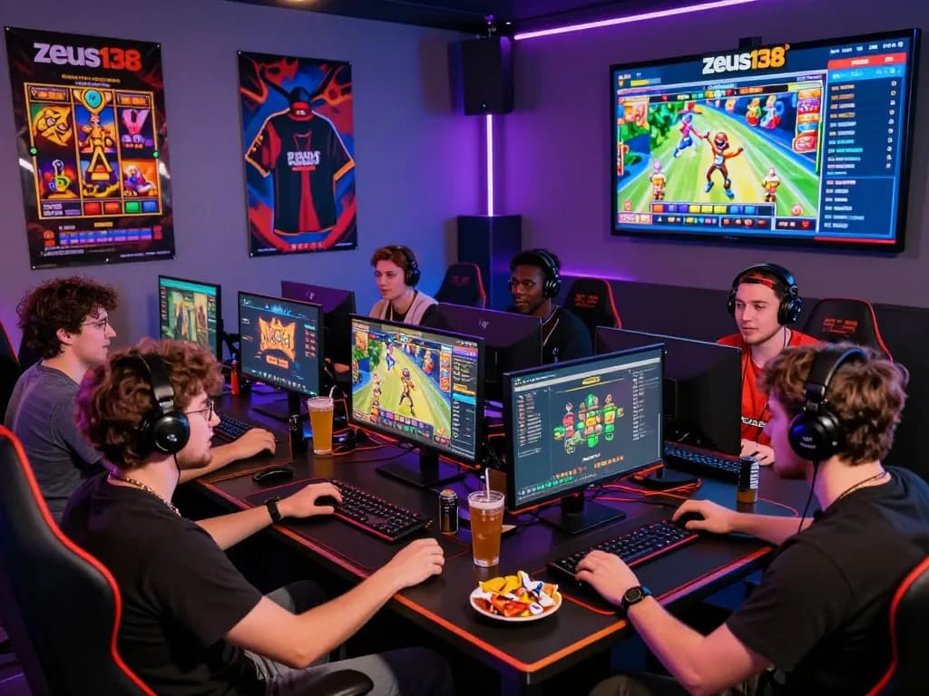 Excited gamers strategizing in a vibrant gaming setup for zeus138 online slots, showcasing dynamic atmosphere and modern technology.
