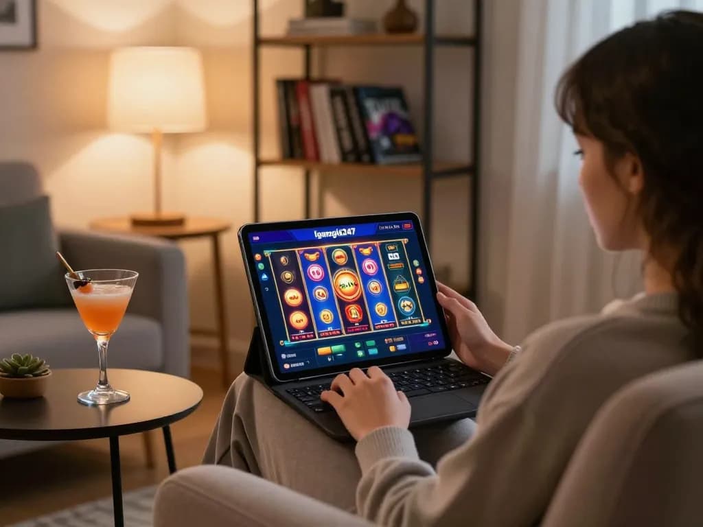 Engaging gameplay of Igamble247 Slot on a tablet in a cozy, modern living room setting.