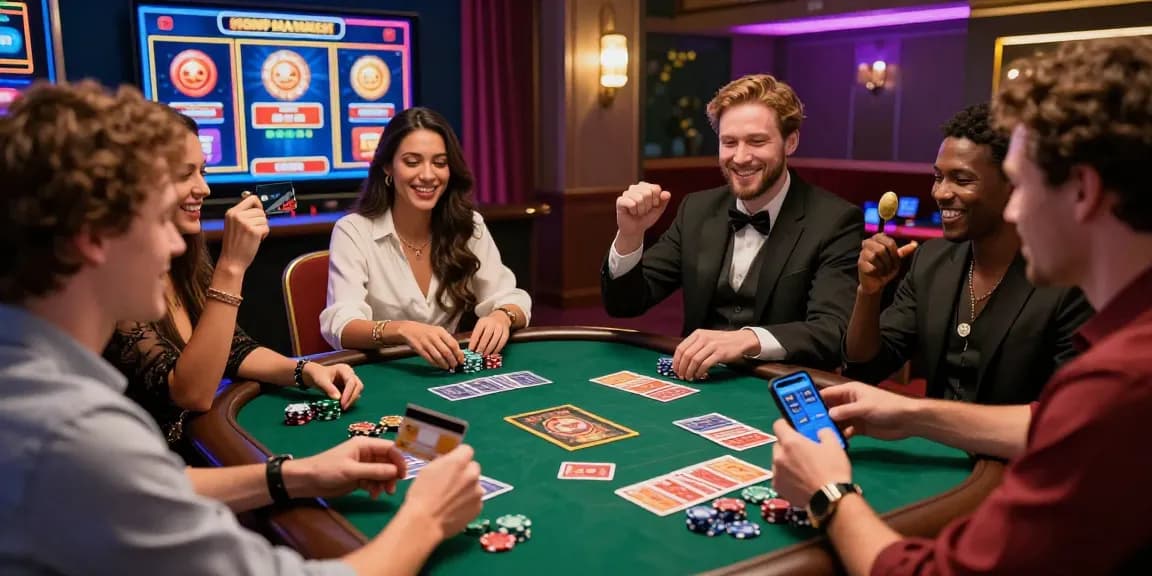 Group of friends enjoying a credit card casino experience at https://dea.org.uk, showcasing excitement with games and modern décor.