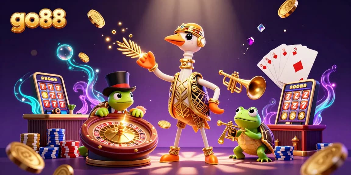 Experience go88 excitement with a vibrant, lively casino scene featuring whimsical characters and dynamic game elements.
