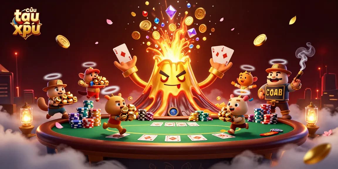 Visualize cầu tài xỉu gaming action with vibrant gold volcano and dynamic poker elements.