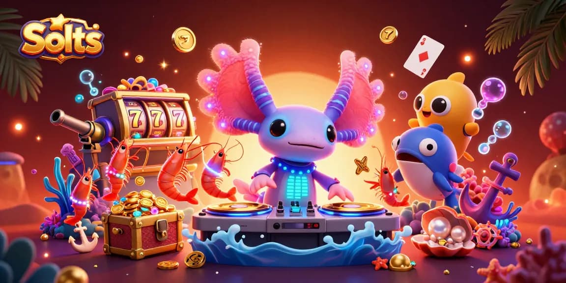Spin colorful Slots with a neon DJ axolotl and dancing shrimp in a vibrant 3D casino scene.