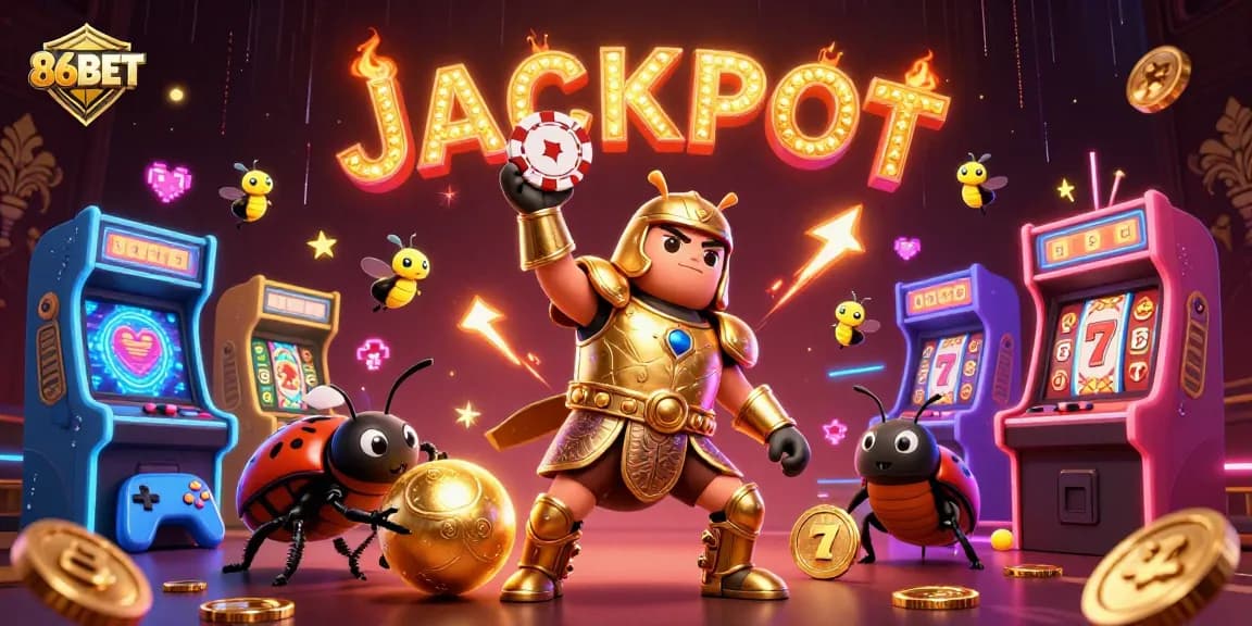86BET thrills with a victorious hercules beetle amid dazzling casino elements.