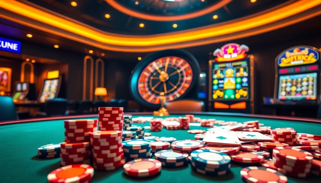 Engage in thrilling gameplay at https://gg88.gold/ with a vibrant poker table and roulette wheel.