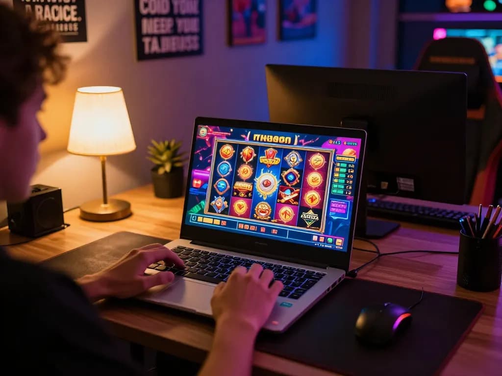 Engaging with nk88 online gaming experience on a laptop while emphasizing responsible gambling.