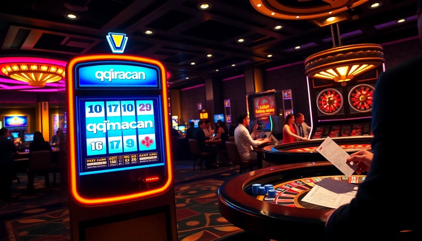 Experience thrilling gameplay on the qqmacan slot machine amidst a vibrant casino atmosphere.