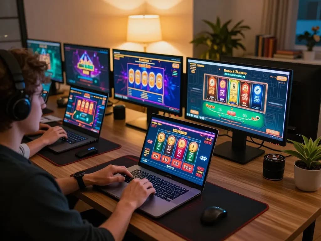 MAY88 uy tín engaging in strategic online gaming with multiple screens and vibrant visuals